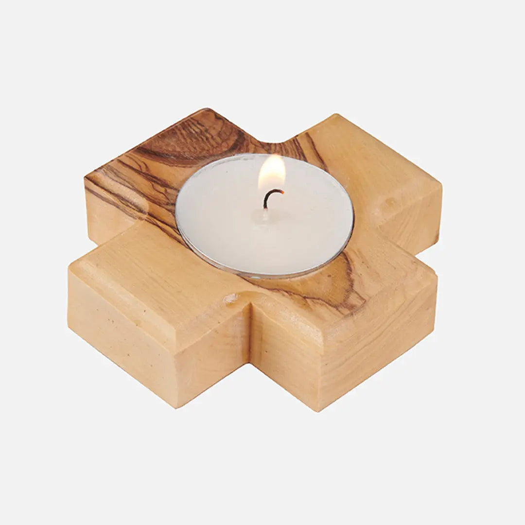 Devotional Olive Wood Cross Tealight Holder