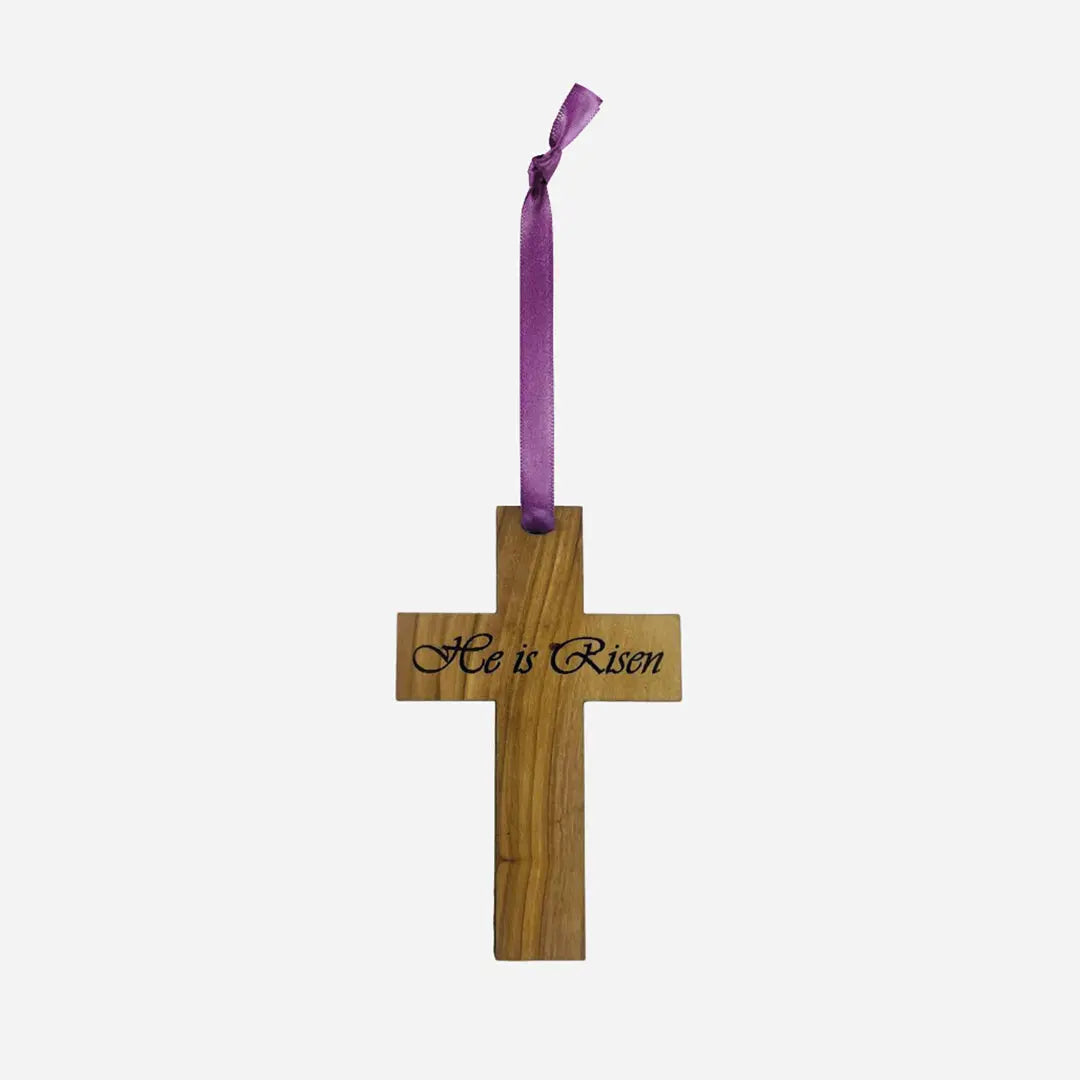 Olive Wood He is Risen Cross Decoration