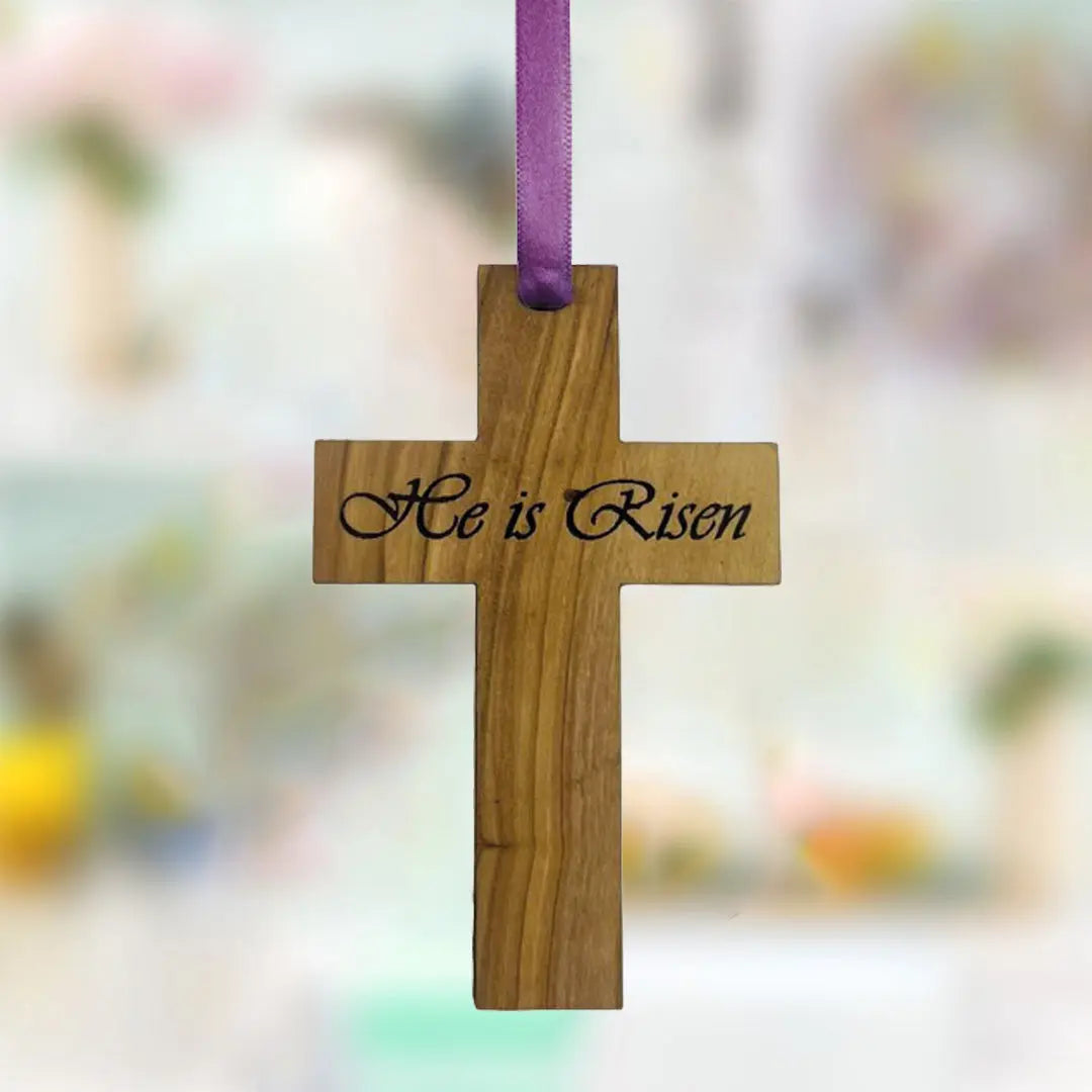 Easter Tree Decorations Olive Wood He is Risen Cross Decoration