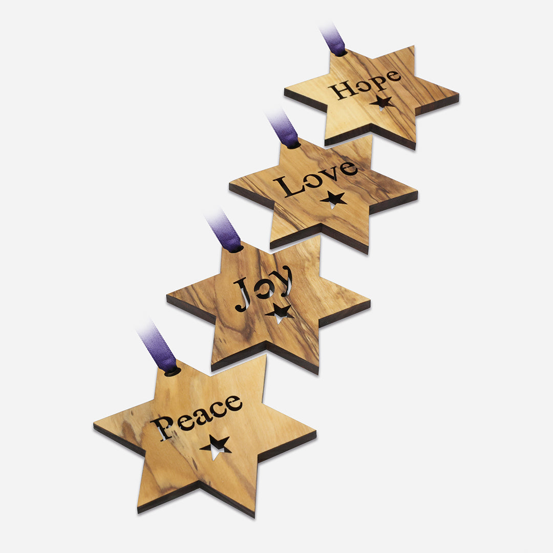 Christmas Decorations Olive Wood Joy, Hope, Peace & Love Star Decorations 