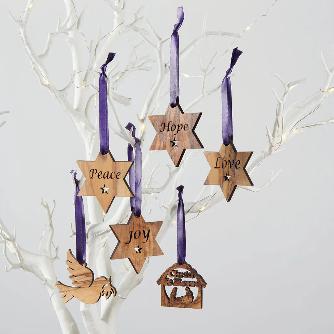 Christmas Decorations Olive Wood Joy, Hope, Peace & Love Star Decorations