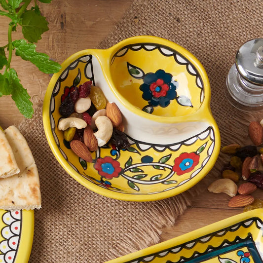 Homeware Palestinian Ceramic Divided Snack Dish - Vibrant Yellow