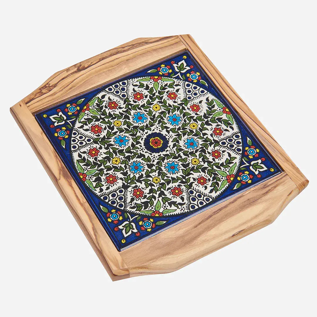 Homeware Handcrafted Olive Wood and Ceramic Tile Trivet 
